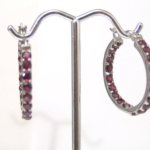 Sterling Silver Rhodolite Garnet Hoop Earrings 1 Inch Rhodium Anti Tarnish - Picture 7 of 8